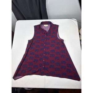 ModCloth Womens Elephant Print Sleeveless Button Down Shirt Burgundy Purple M